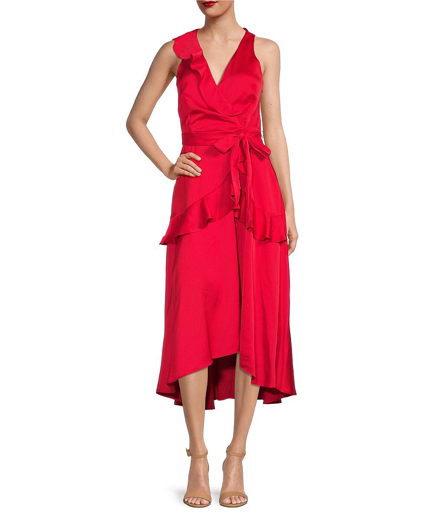 Taylor Satin V Neck Sleeveless Ruffle Faux Wrap High-Low Dress | Dillard's
