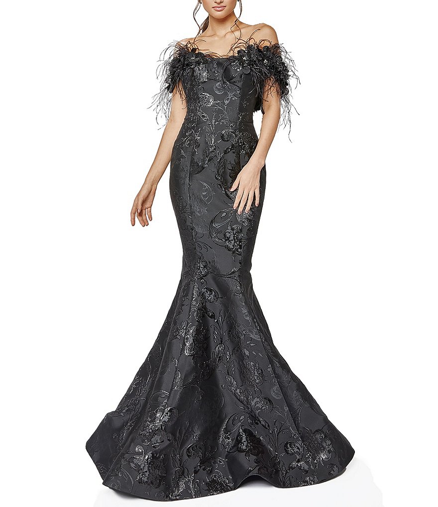 Terani Couture Jacquard Off the Shoulder Feather Trim Mermaid Gown ...