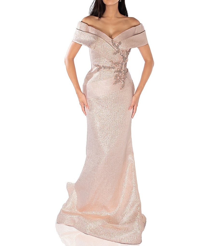 Terani Couture Metallic Jacquard Off-The-Shoulder Beaded Terani Couture Metallic Jacquard Off-The-Shoulder Beaded