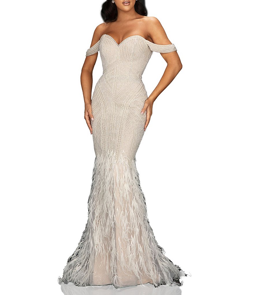 Terani Couture Off The Shoulder Cap Sleeve Beaded Feather Mermaid Gown