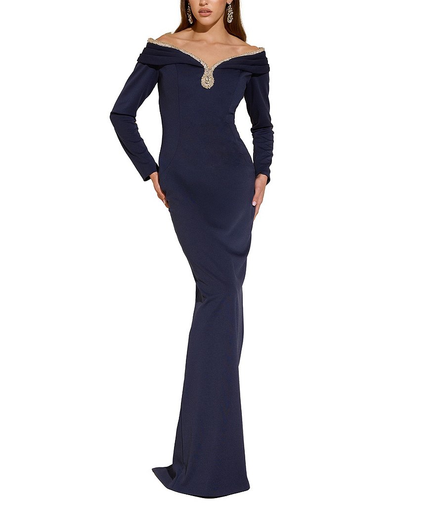 off the shoulder long sleeve dress formal Chic Sky Blue Lace Long Prom Dresses Off-the-shoulder Long Sleeve Unique  Evening Dress With Slit JKL3126 main image 1