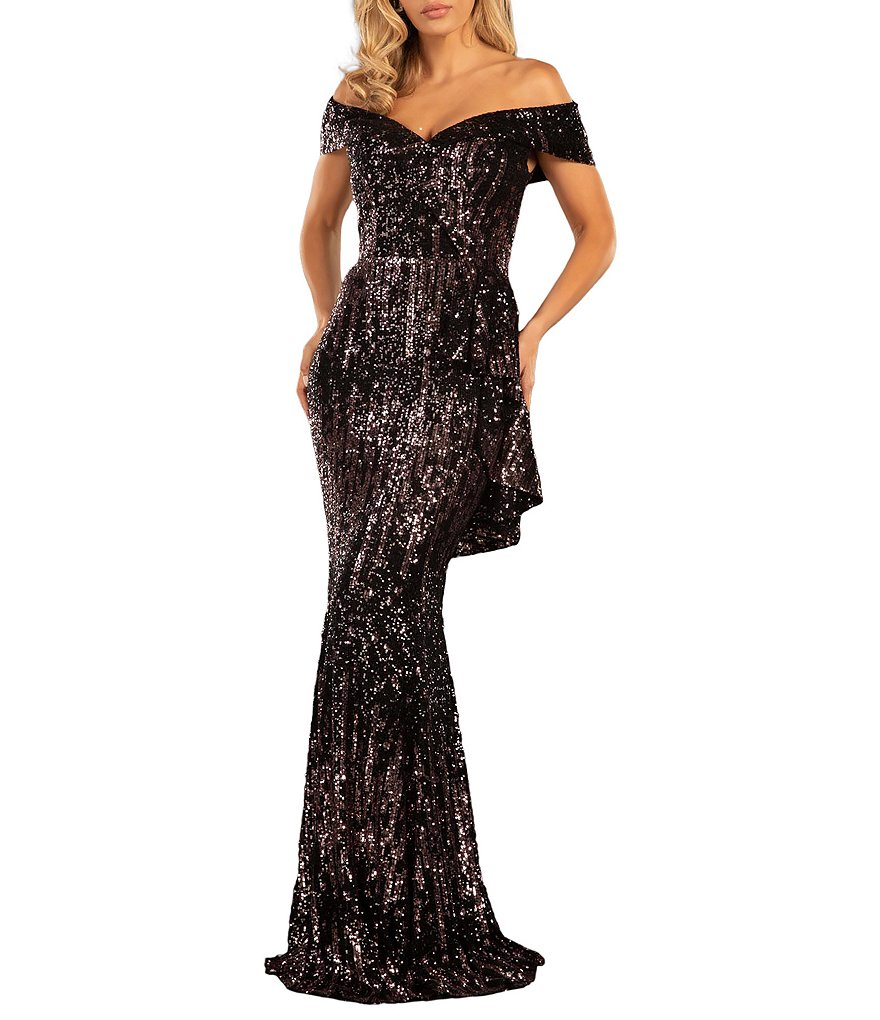 Terani Couture Sequined Off-the-Shoulder Sweetheart Neck Cascading ...
