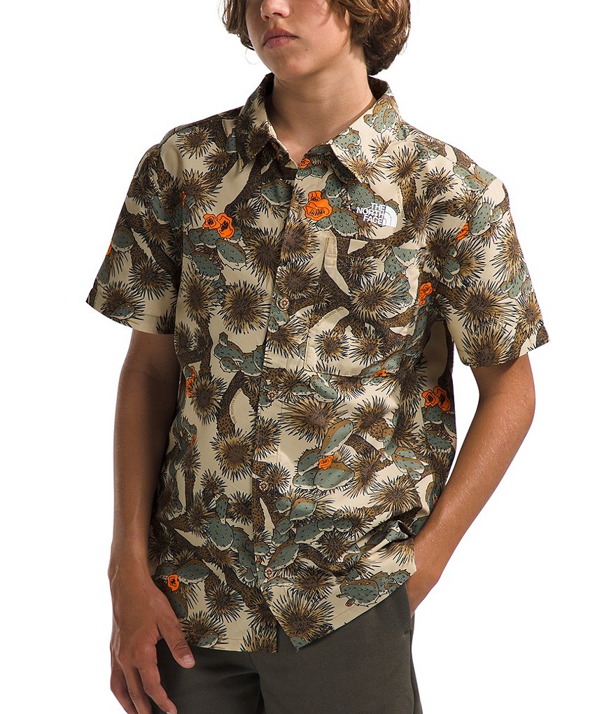 The North Face Amphibious Short Sleeve Button Down Shirt - Boys' Utility Brown TNF Cactus Camo Print L