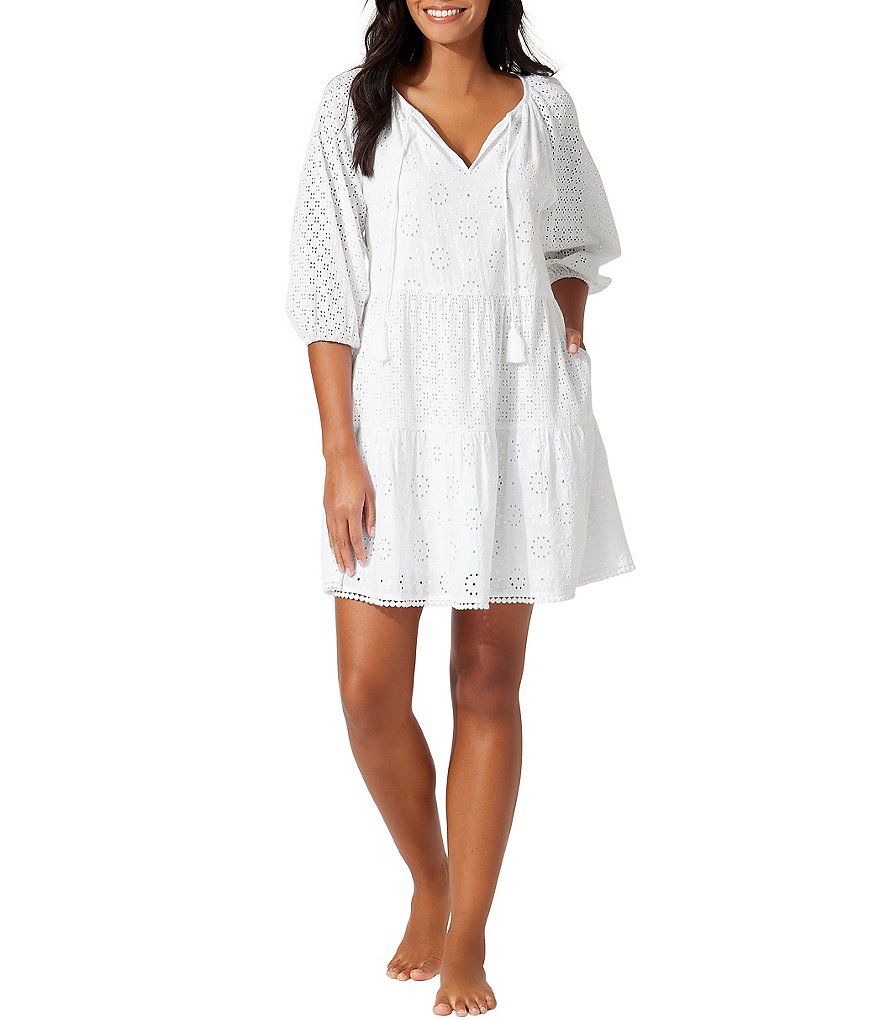 Tommy Bahama Harbour Eyelet Split V Neckline 3/4 Raglan Sleeve Cover-Up ...