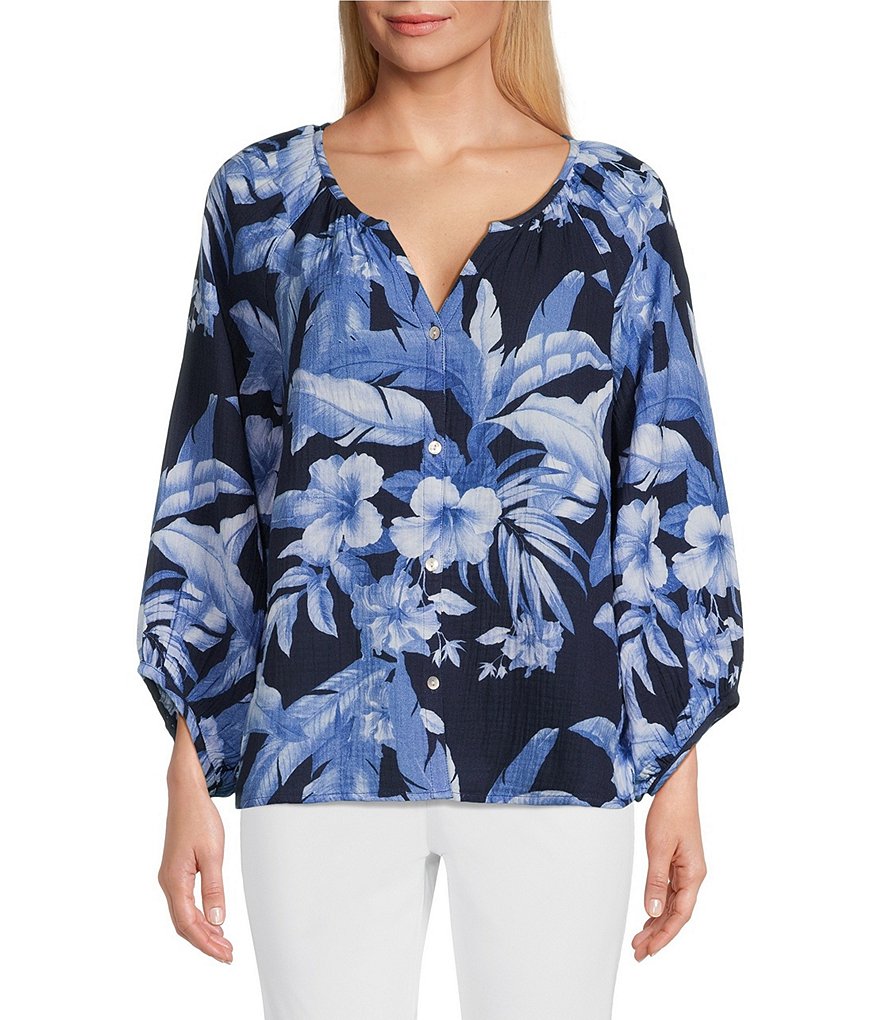 Tommy Bahama Split V Neck 3/4 Sleeve Island Floral Print Gauze Blouse ...