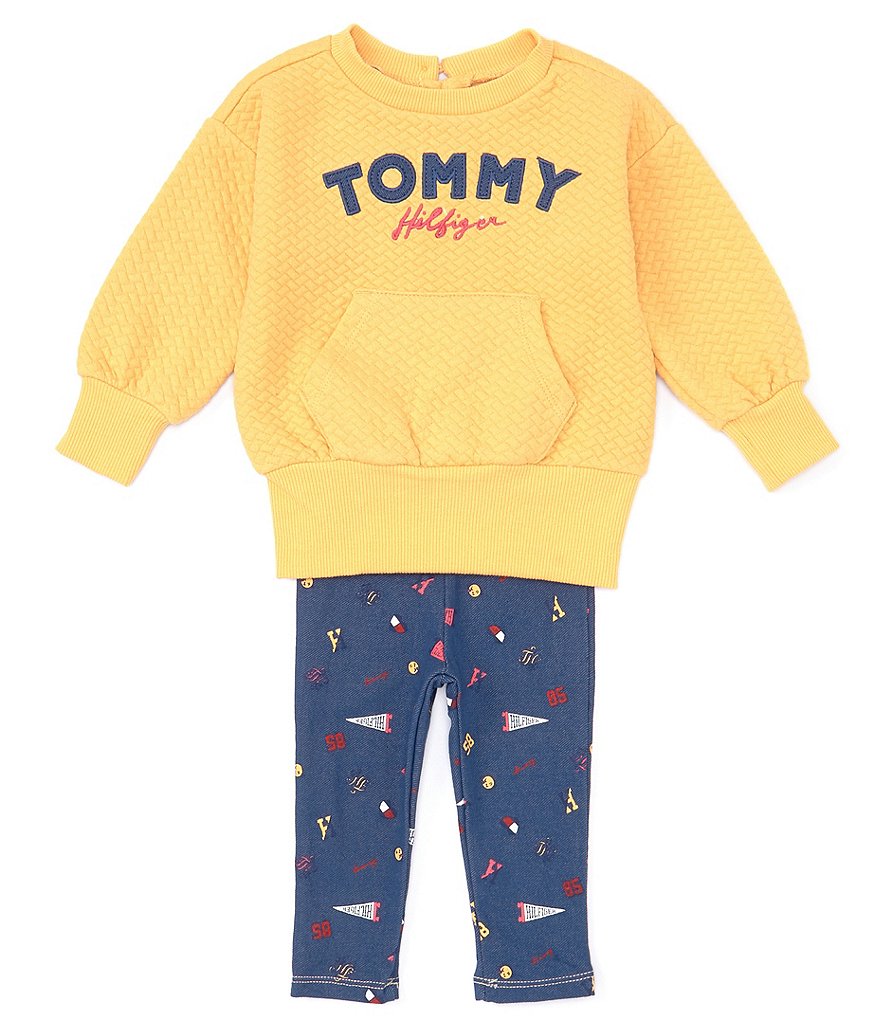 Tommy Hilfiger Baby Girls 12-24 Months Long Sleeve Allover Icon Flag Logo  Fleece Tunic Top & Solid Rib Knit Leggings Set