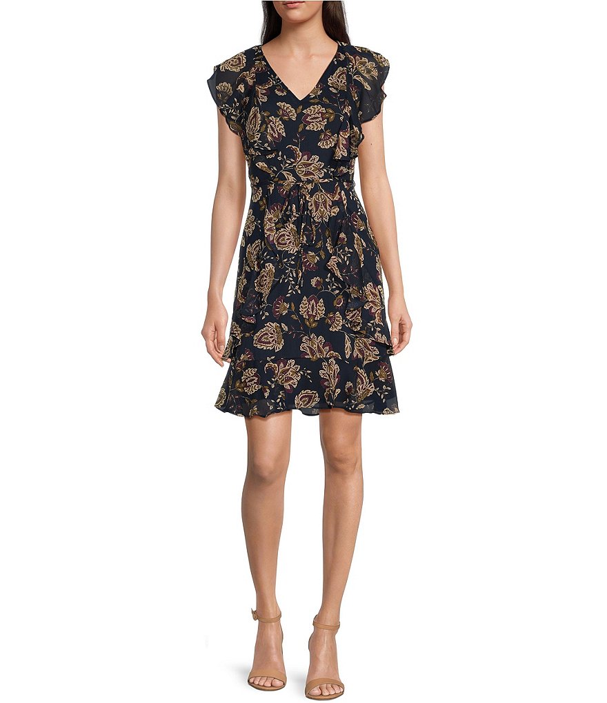 Tommy Hilfiger Floral Print Dillard\'s Short Ruffled V-Neck Dress A-Line Sleeve 