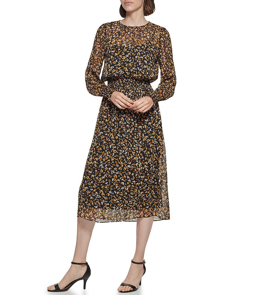 Tommy Hilfiger Long Sleeve Crew Neck Elastic Waist Floral Midi Dress ...