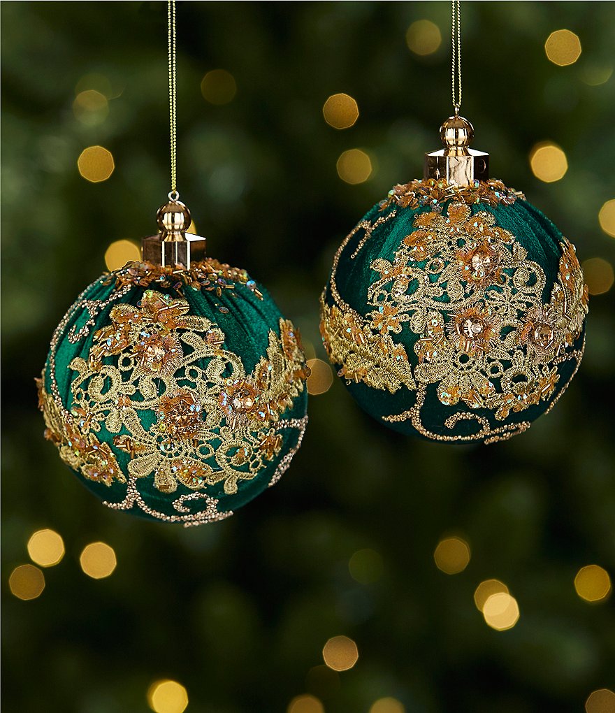 4 Green and Gold Velvet Ornament with Crown, Emerald Green