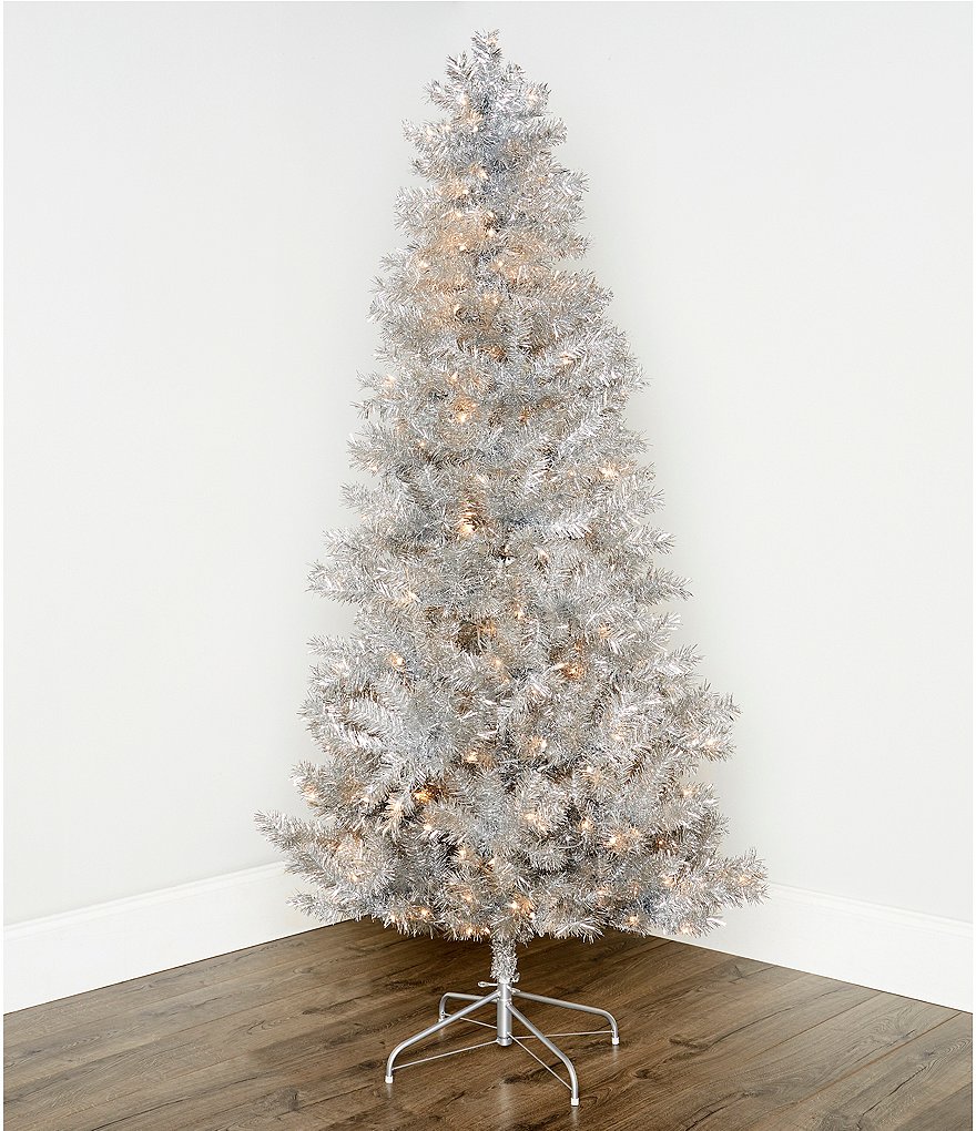 Trimsetter Pre-Lit Silver Tinsel Christmas Tree, 7ft,