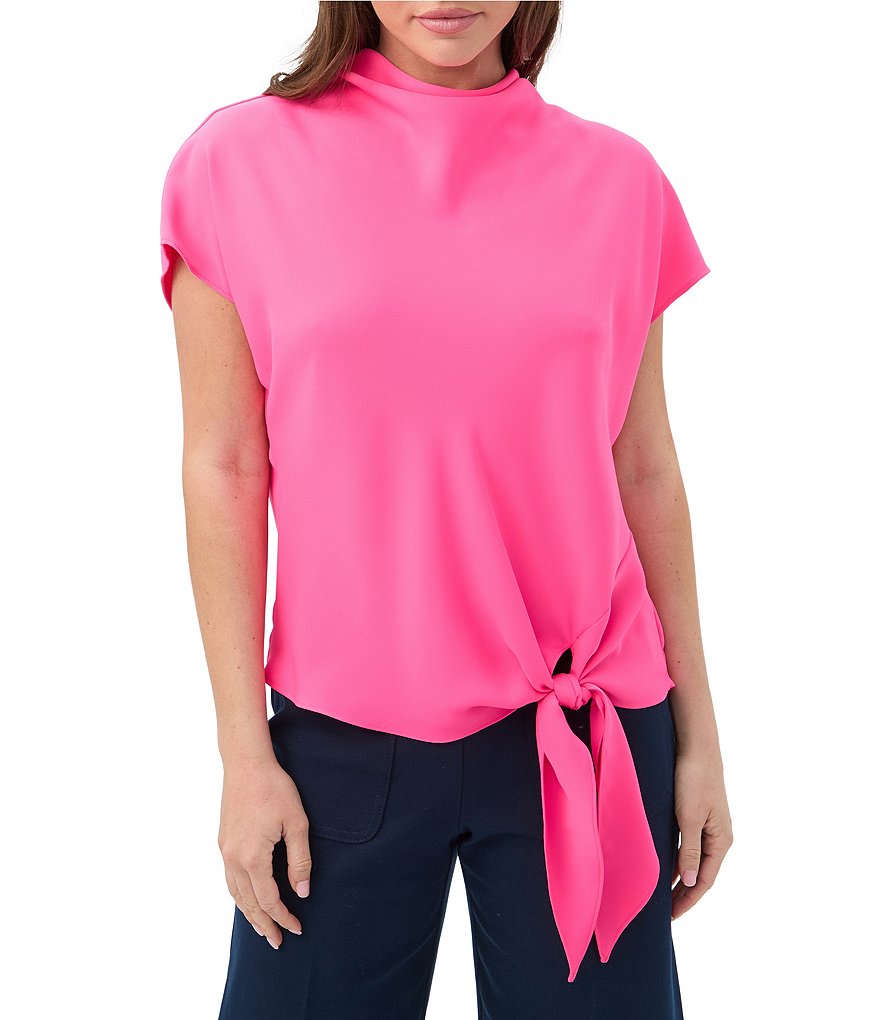 Trina Turk Bisque High Cowl Neck Short Sleeve Tie Front Top Trina Turk Bisque High Cowl Neck Short Sleeve Tie Front Top