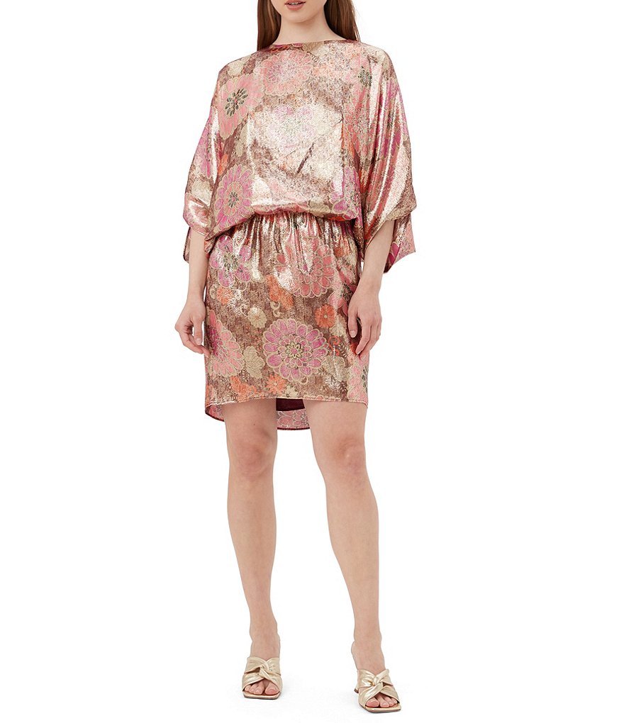 Trina Turk Manhattan Metallic Floral Print Boat Neck 3/4 Dolman Sleeve  Blouson Dress