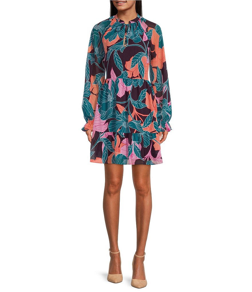 Trina Turk Rhapsodic Floral Print Split Crew Neck Long Sleeve Shift ...