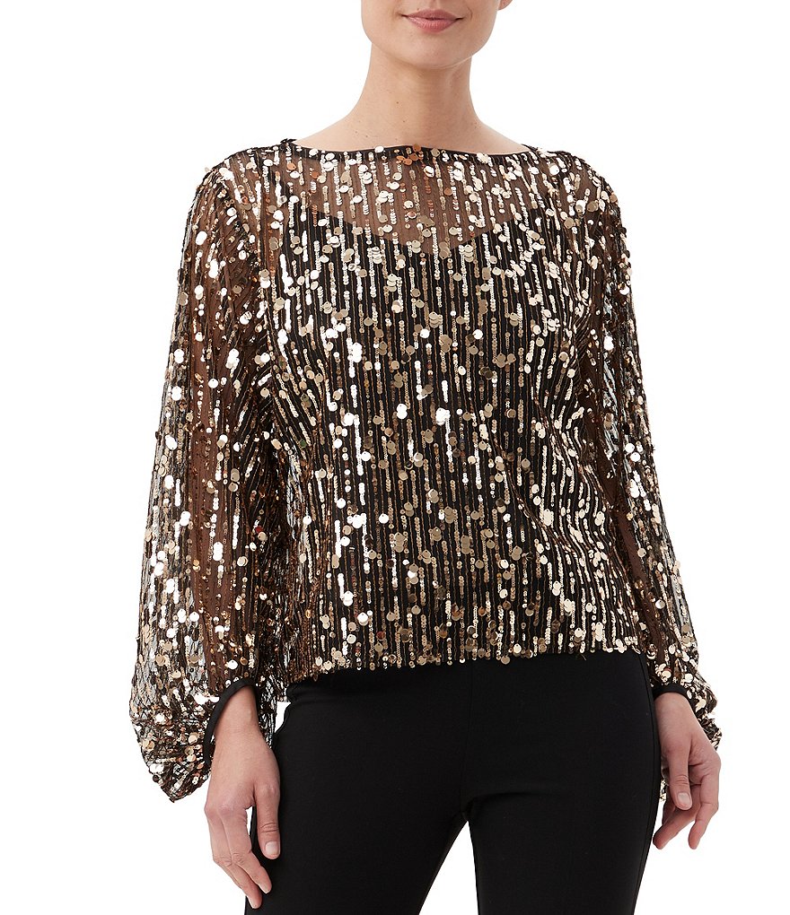 Trina Turk Ursa Sequin Boat Neck Long Bishop Sleeve Top | Dillard's