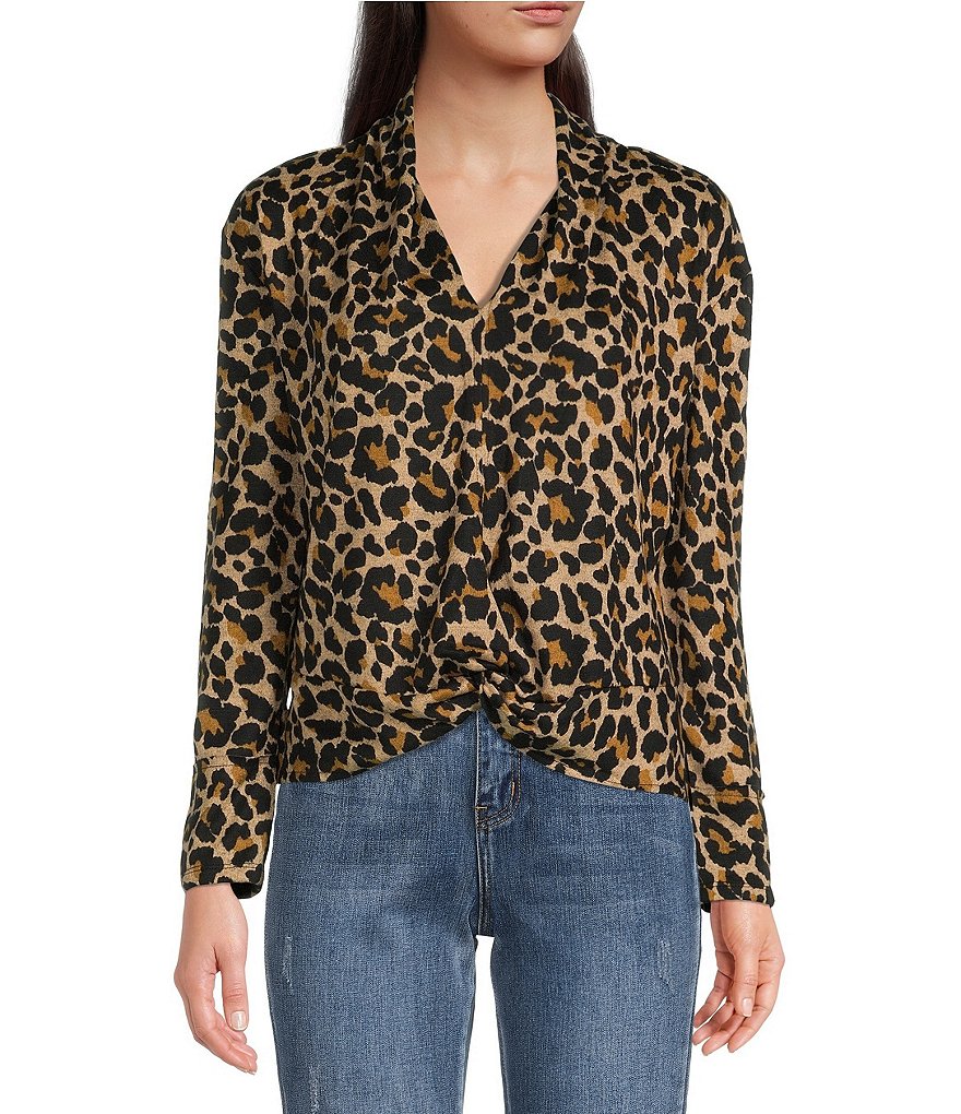 Tru Luxe Jeans Knit Jersey Leopard Print Drape V-Neck Long Sleeve ...
