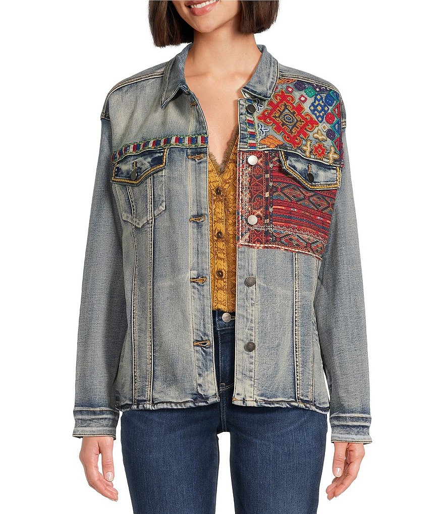 Tru Luxe Jeans Stretch Embroidered Collared Long Sleeve Denim 