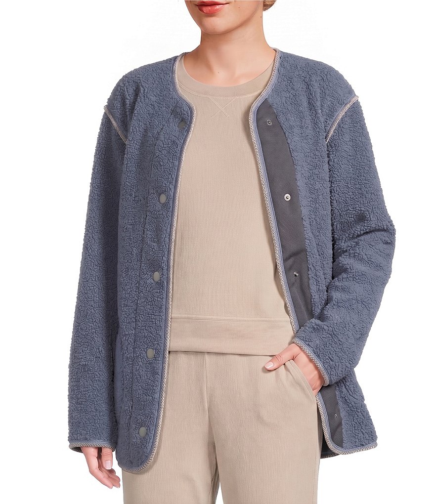 UGG Emmersyn UGGBraid Long Sleeve V-Neck Plush Fleece Snap-Front