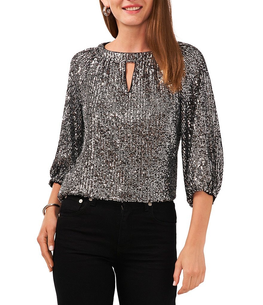 Vince Camuto 3/4 Sleeve Sequin Keyhole Blouse | Dillard's