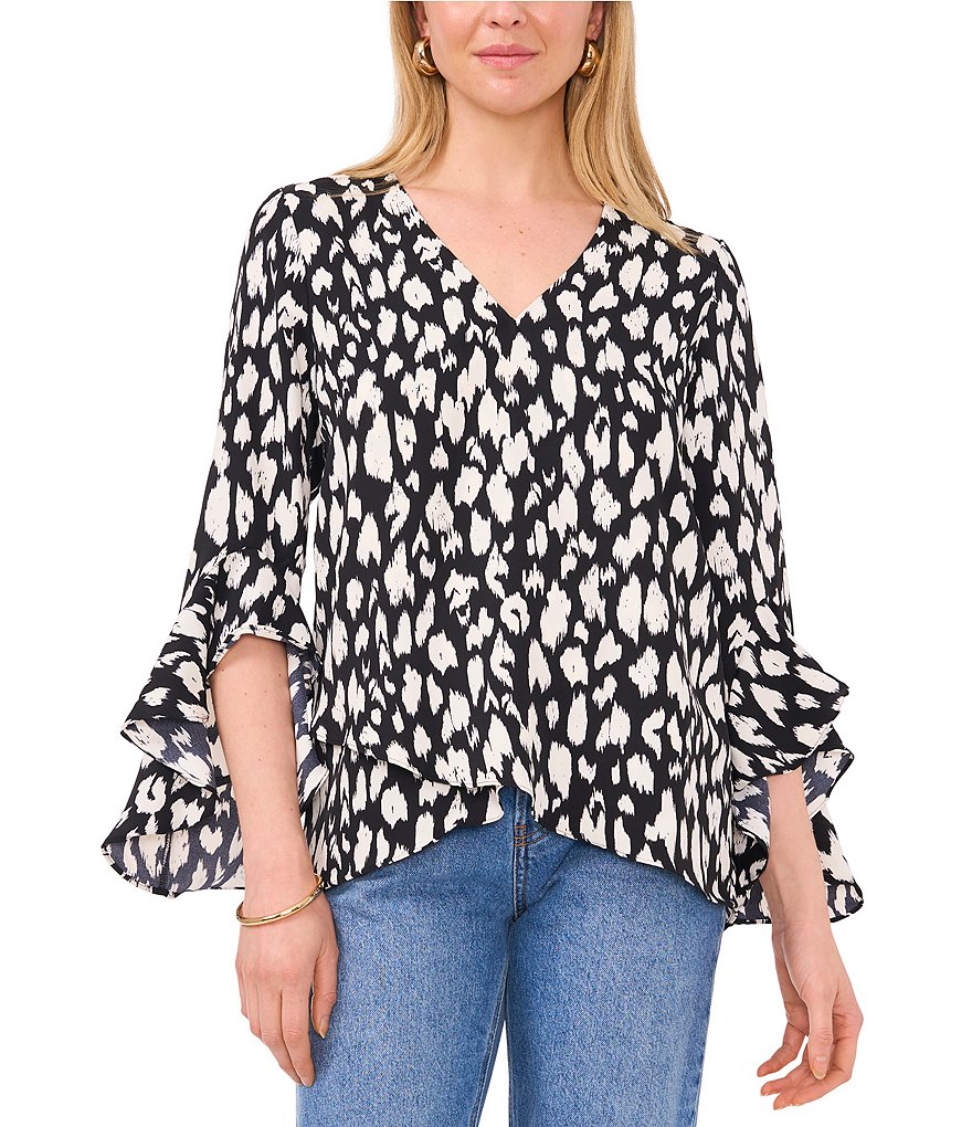 Vince Camuto Animal Print Luxe Crepe De Chine 3/4 Ruffle Sleeve V-Neck  Criss Cross Hem Tunic | Dillard's