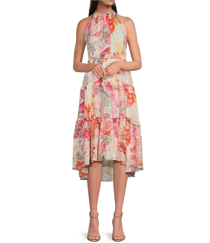 Vince Camuto Chiffon Lurex Floral Print Halter Neck Sleeveless Side Pocket  High-Low Tiered A-Line Midi Dress