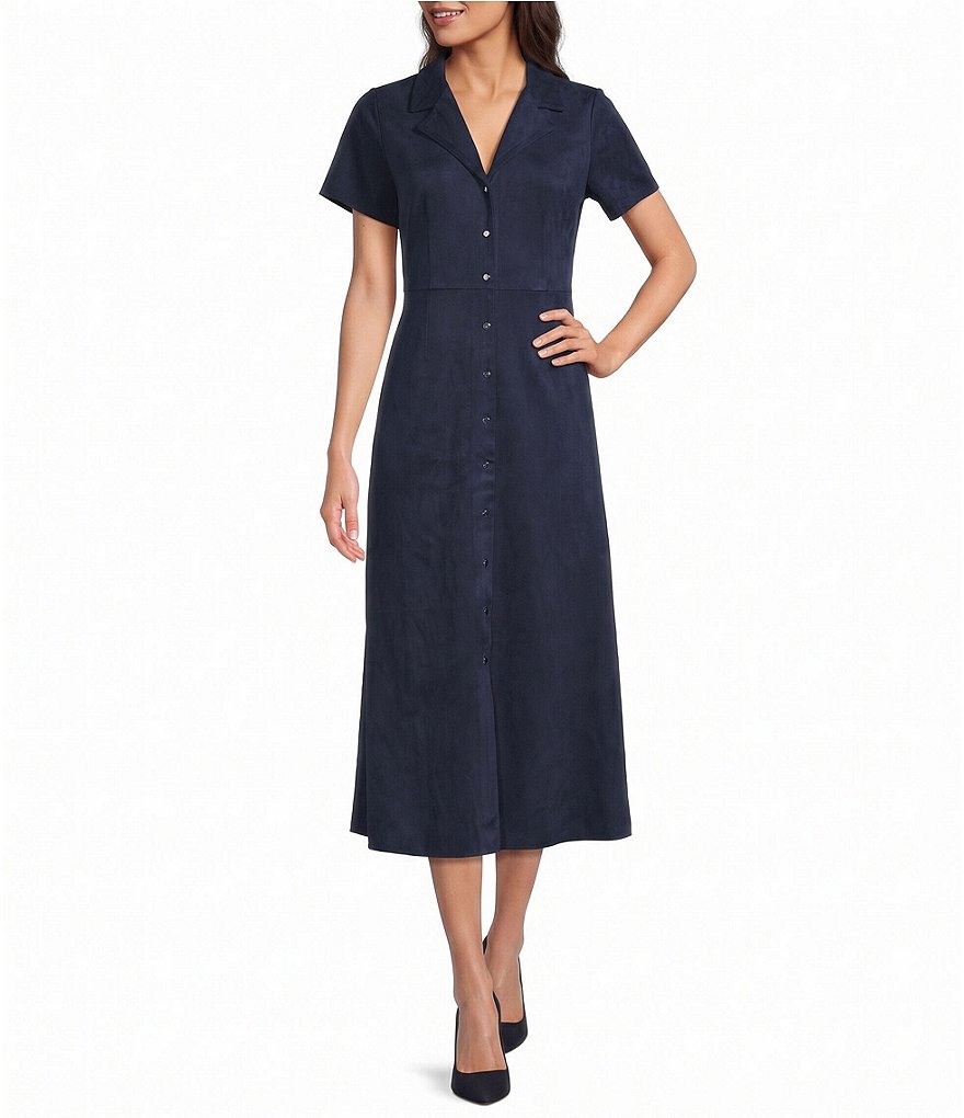 Faux Suede Point Collar Short Sleeve Button Front Dress
