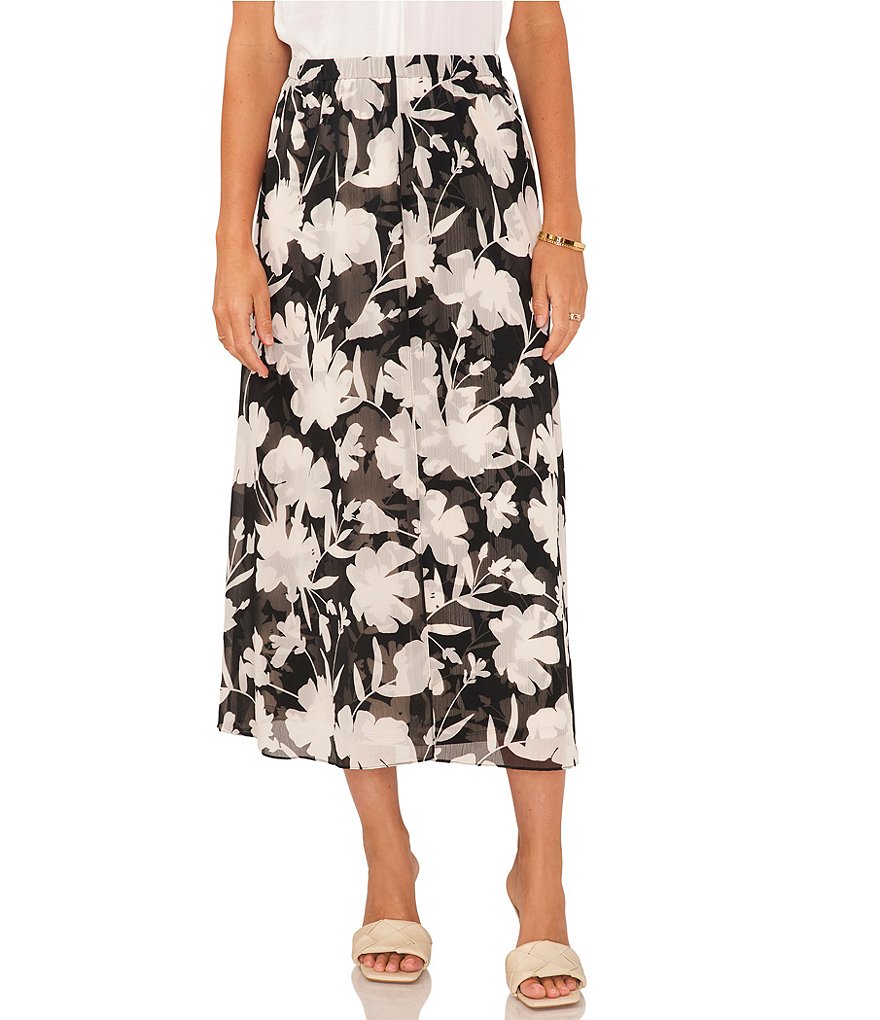 Vince Camuto Floral Petal Print Elastic Waist Front Slit Yoryu Midi Skirt