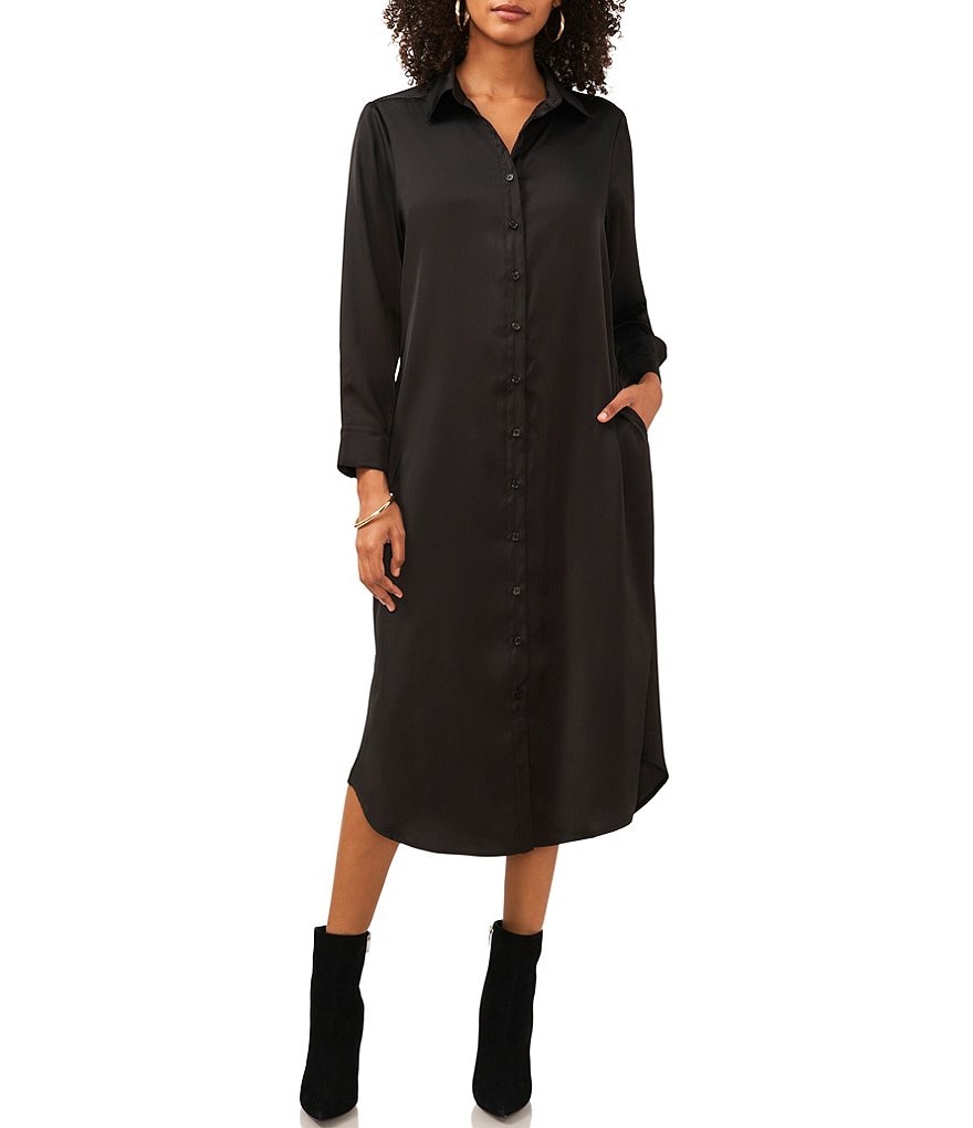 Vince Camuto Heavy Charmeuse Point Collar Long Sleeve Pocketed Midi Shirt Dress Dillard S