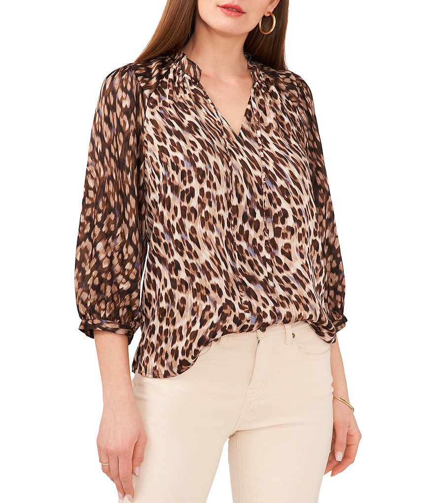 Vince Camuto Leopard Print Satin Yoryu Split V-Neck 3/4 Sleeve Tie Front  Blouse