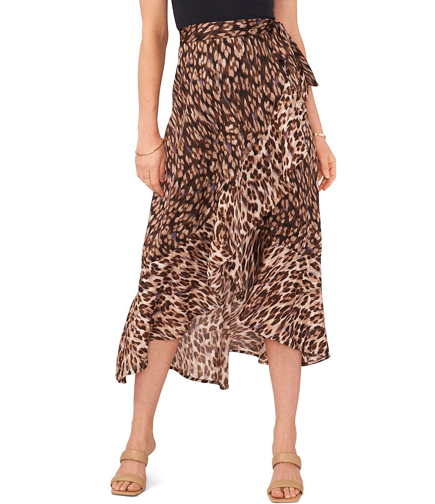 Vince Camuto Leopard Print Side Tie Ruffle Hem Satin A-Line Midi