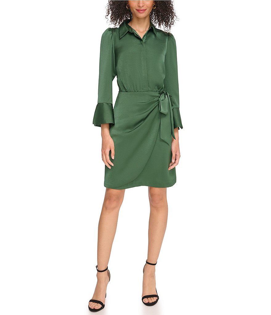 Vince Camuto 3/4 Sleeve Point Collar Faux Wrap Satin Shirt Dress