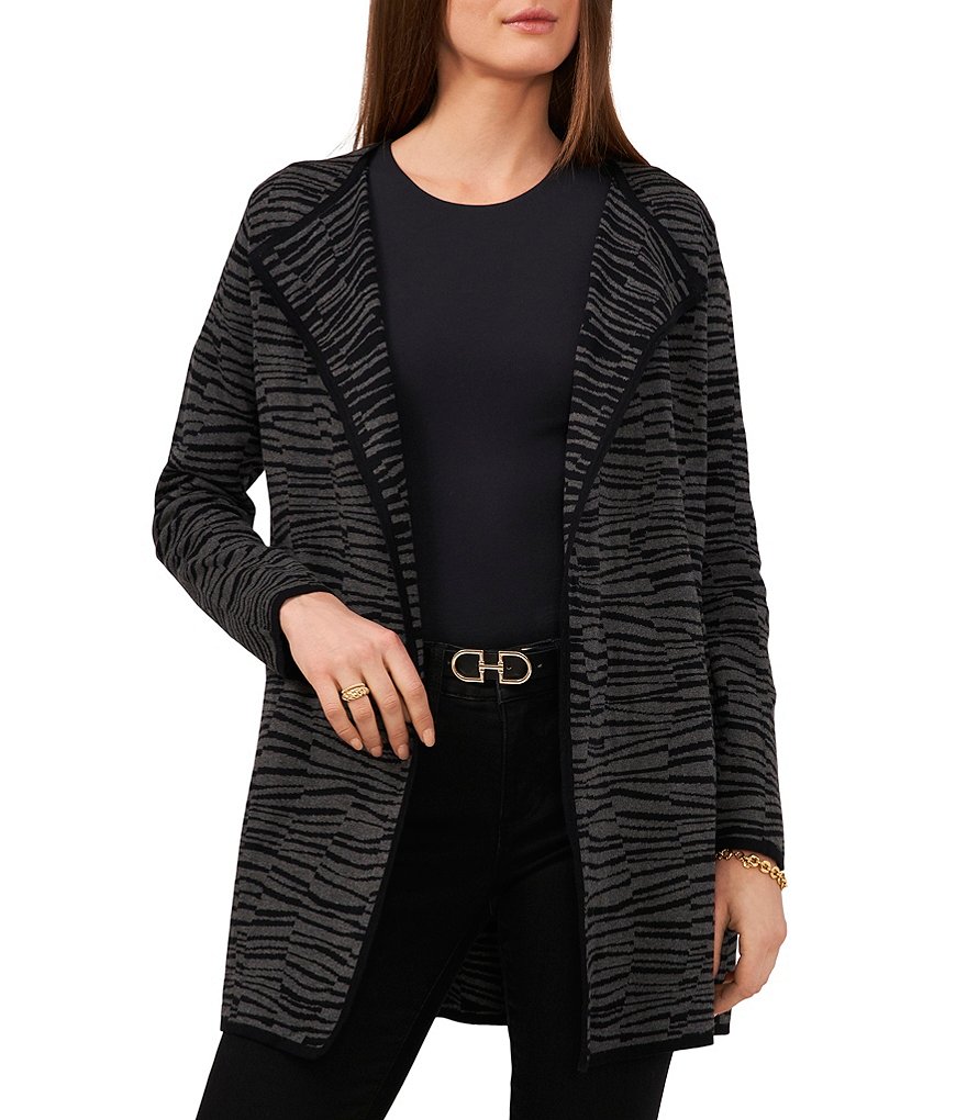 Vince Camuto Open Front Striped Print Long Sleeve Combed Cardigan