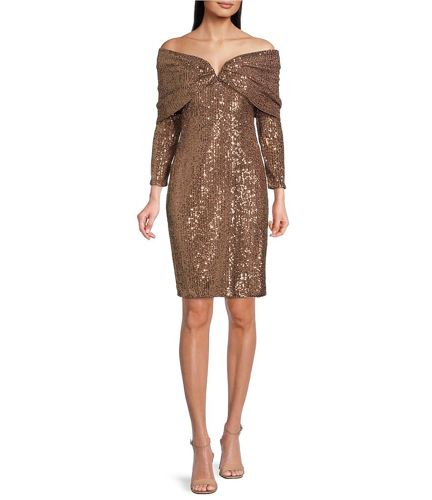 Vince Camuto Petite Size Sequin 3/4 Draped Sleeve Off-the-Shoulder  Sweetheart Neck Sheath Dress Dillard's