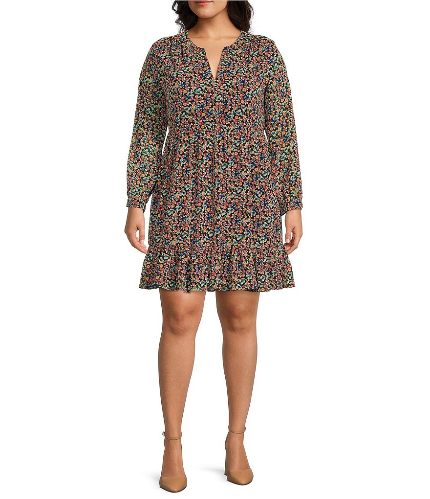 Vince Camuto Plus Size Ditsy Print Long Sleeve Split Round Neck Ruffled Hem Shift Dress Dillards 9940