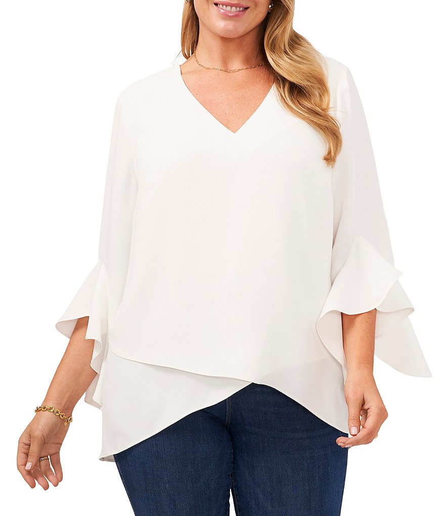 Vince Camuto Plus Size Luxe Crepe De Chine 3/4 Ruffle Sleeve V