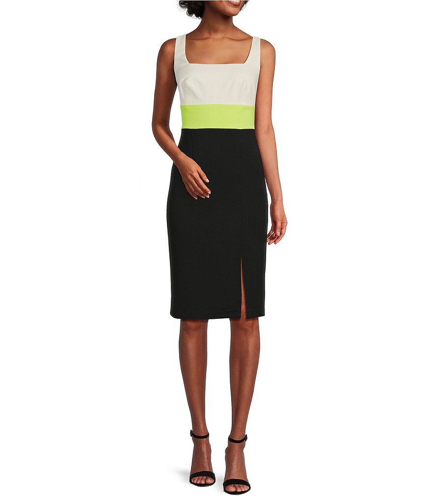 Vince Camuto Sleeveless Square Neck Color Block Midi Bodycon Sheath ...