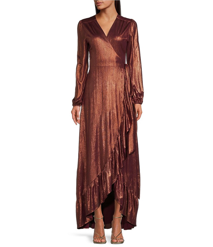 WAYF Metallic Surplice V-Neck Long Sleeve Cascading Ruffle Hem Maxi ...