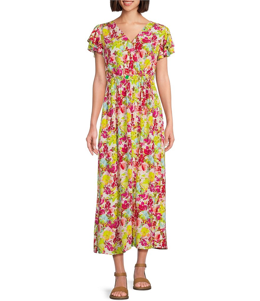 Westbound Double Flutter Short Sleeve Faux Wrap Floral Maxi Westbound Double Flutter Short Sleeve Faux Wrap Floral Maxi