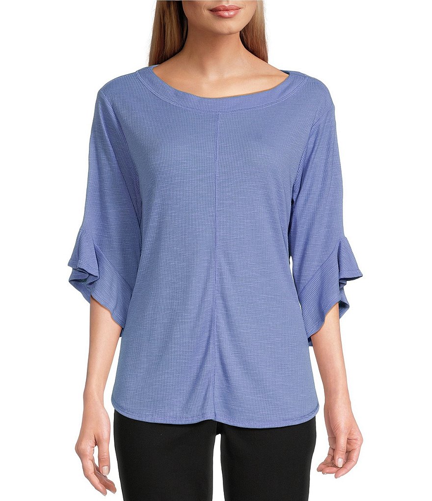 Westbound Knit 3/4 Ruffle Sleeve Crew Neck Pullover Top