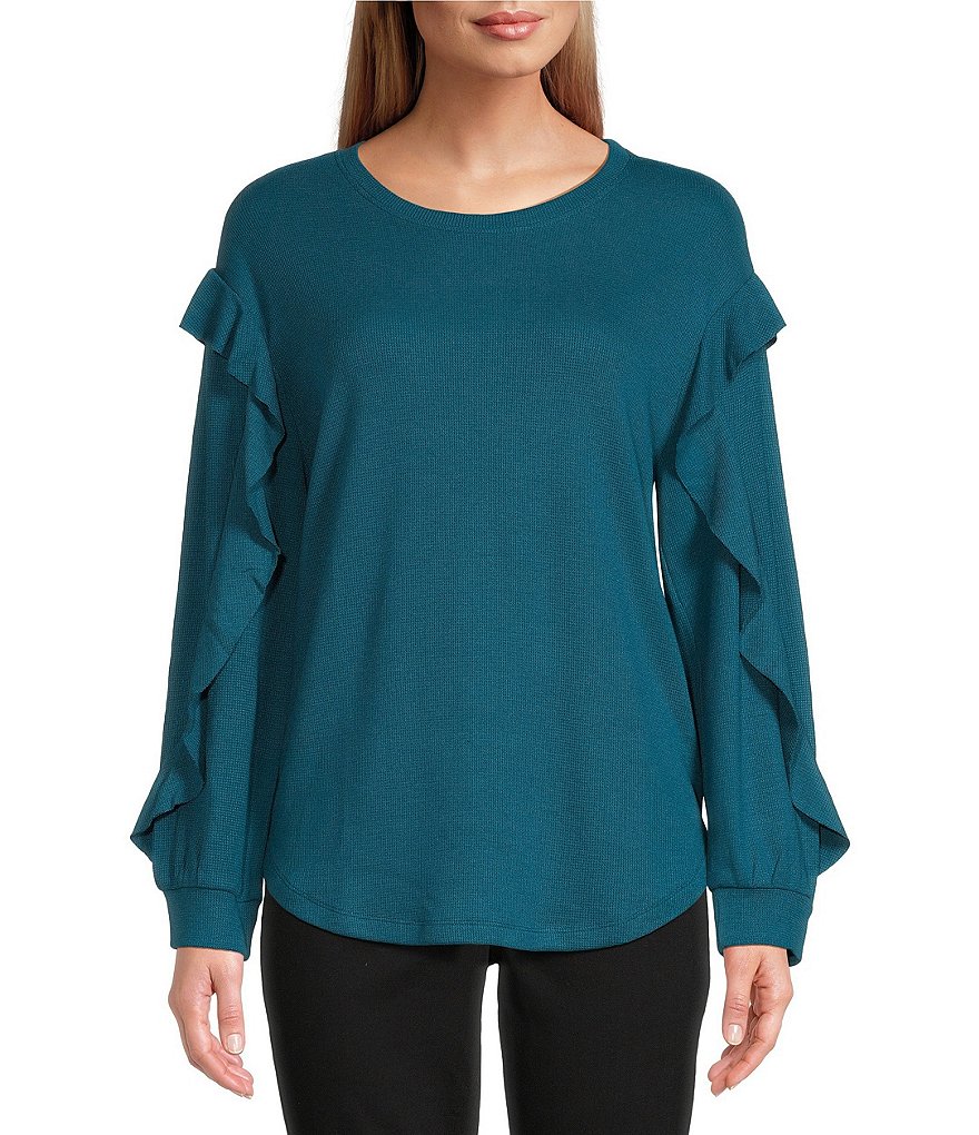 Westbound Knit Long Sleeve Crew Neck Ruffle Sleeve Pullover Shirt