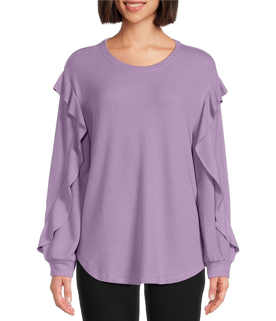 Westbound Knit Long Sleeve Crew Neck Ruffle Sleeve Pullover Shirt