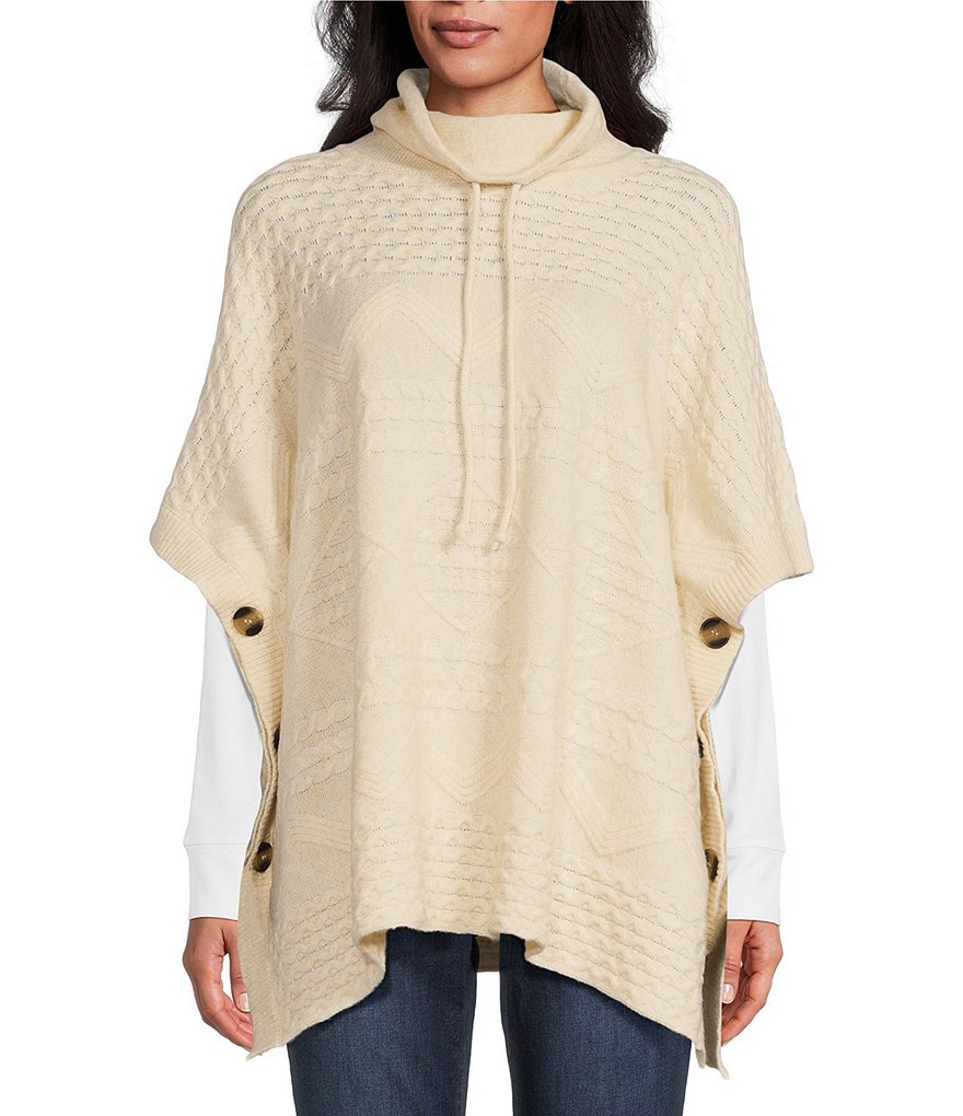 Westbound Mock Neck 3/4 Sleeve Button Detail Hooded Poncho