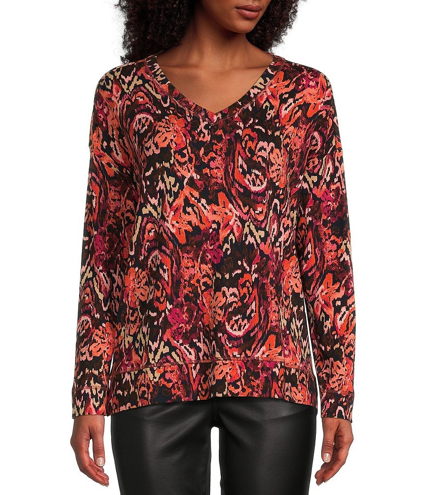 Westbound Ornate Batik Print Long Sleeve V-Neck Pullover Shirt | Dillard's