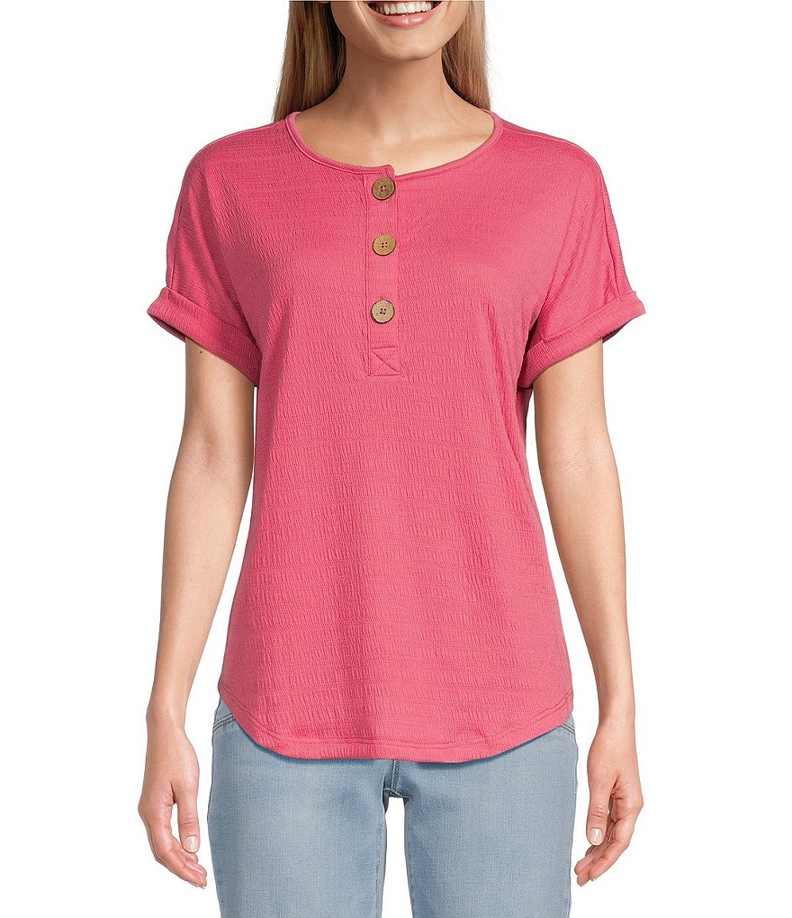 Westbound Petite Size Crinkle Henley Crew Neck Cuffed Rounded Hem Short  Sleeve Top