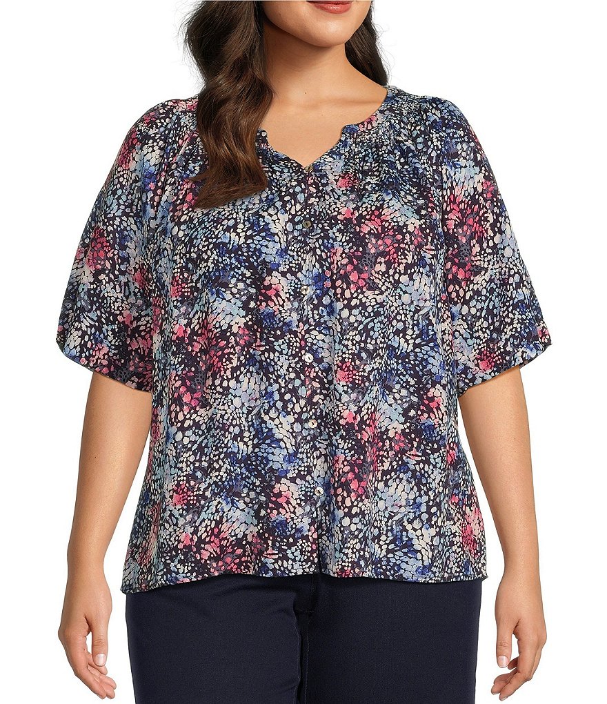 Westbound Plus Size Woven Short Sleeve Y-Neck Button Front Top | Dillard's