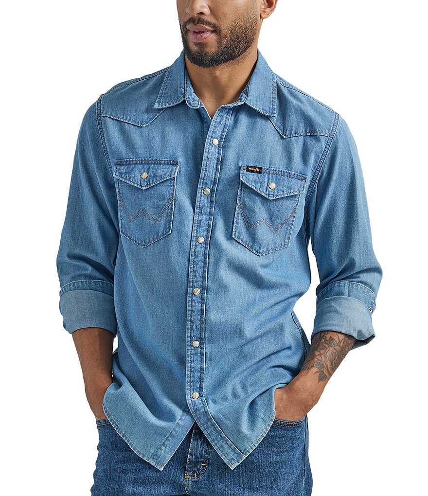 Wrangler® Long Sleeve Iconic Cowboy Washed Denim Shirt Dillard's