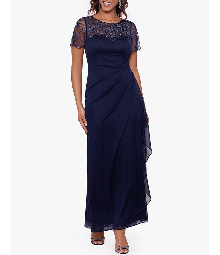 Xscape Illusion Boat Neck Short Sleeve Gown | Dillard's