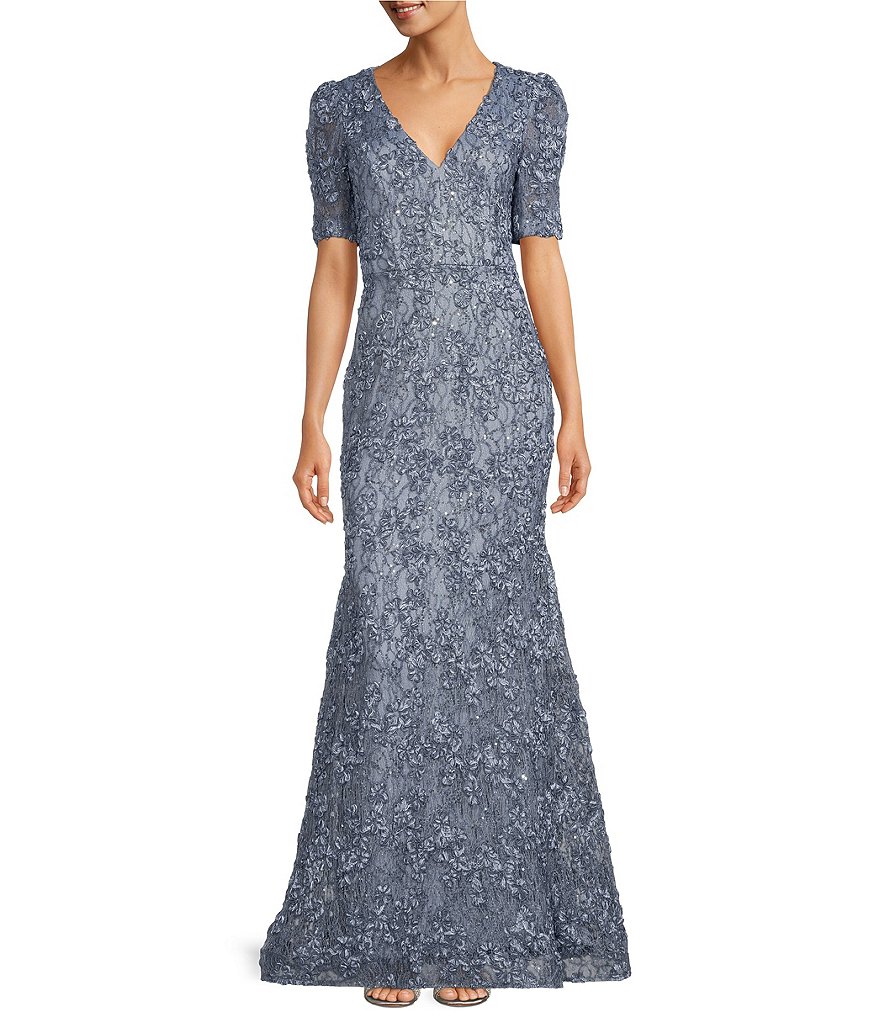 Xscape Textured Lace V-Neck Short Sleeve Mermaid Gown | Dillard's
