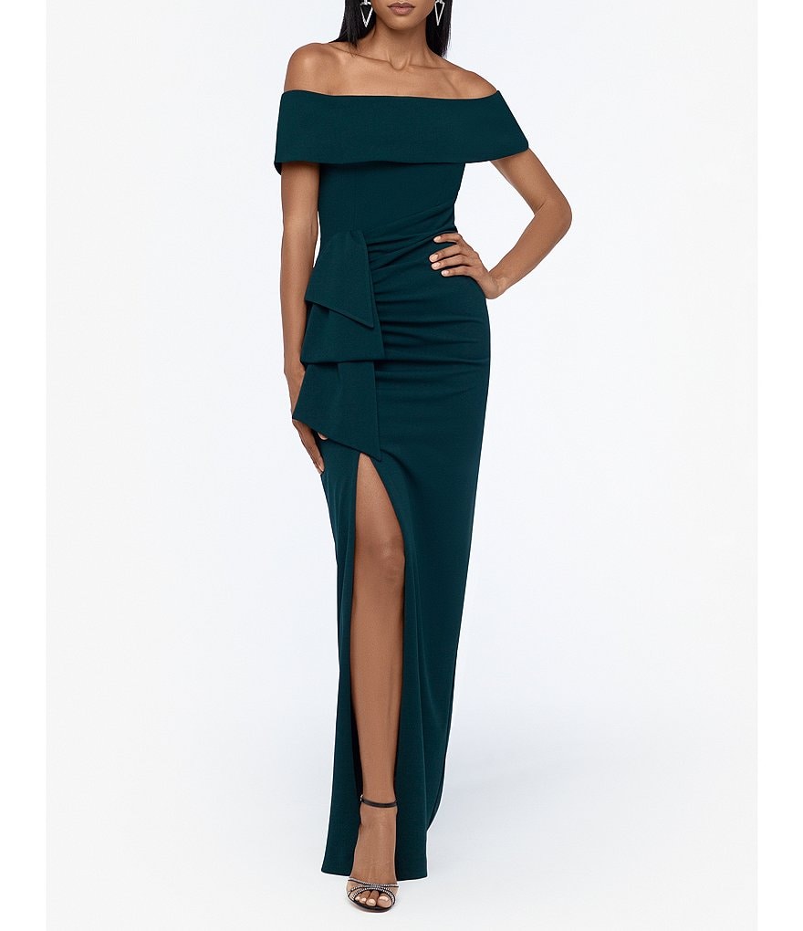 Xscape Off-the-Shoulder Ruched Ruched Waist Scuba Crepe Thigh High