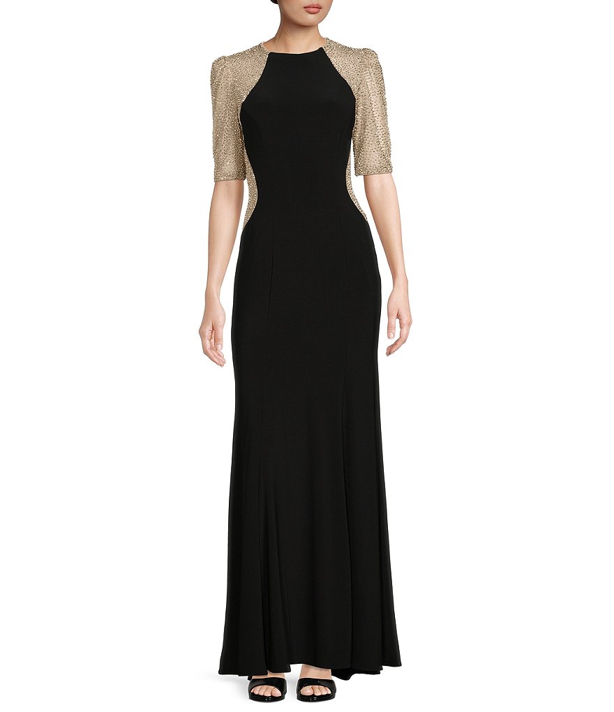 Xscape Petite Size Beaded Mesh Short Sleeve Sheath Gown | Dillard's