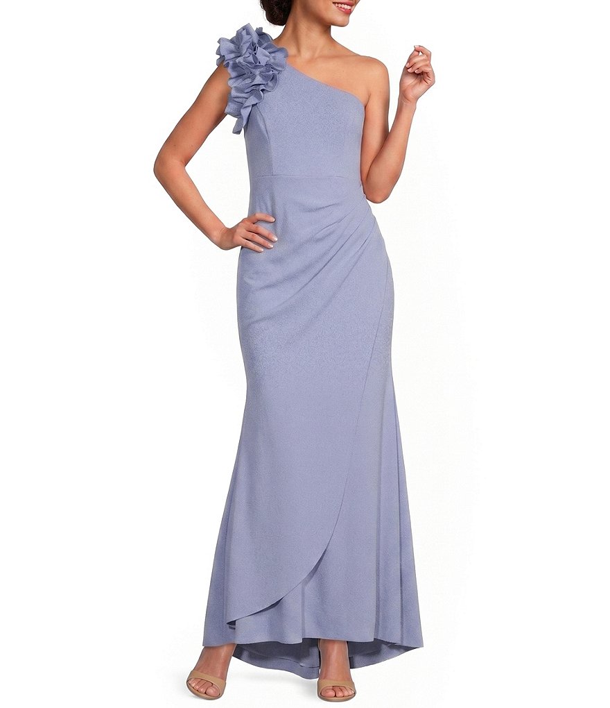 Xscape Petite Size Sleeveless Ruffled One Shoulder Scuba Crepe Sheath Long Mother of the Bride Dress , Womens, 6P, Periwinkle Xscape Petite Size Sleeveless Ruffled One Shoulder Scuba Crepe Sheath Long Mother of the Bride Dress , Womens, 6P, Periwinkle